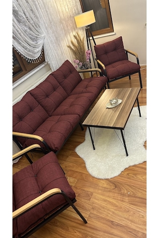 Modern Modern Style Home Modern Erciyes Balkon, Bahçe, Cafe - Metal Kanepe Koltuk Takımı - 3+1+1 Sehpa Bordo Modern3bs Bordo