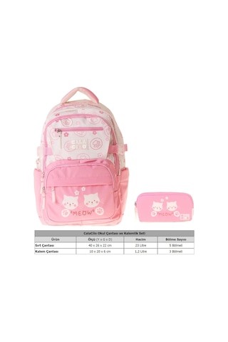 Calacilo Cat Kız Çocuk Kedi Baskılı Okul Sırt Çantası Ve Kalemlik Seti - Setcc-c4038c Pembe