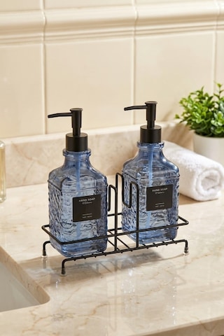Makri Home Modern Kabartma Desenli Cam Ikili Sıvı Sabunluk & Deterjanlık Seti, Mavi - 500 Ml Cam Sabunluk Mavi