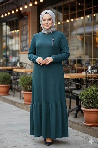 Hesna Kadın Derya Fitilli Doku Eteği Farbalı Broşlu Petrol Elbise Petrol