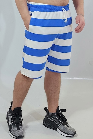 Mavi Çizigili Pamuklu Şort Beyaz - Mavi