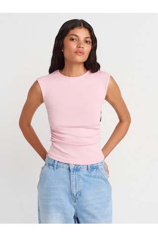 Dilvin 21054 Büzgülü Basic T-shirt-toz Pembe Toz Pembe