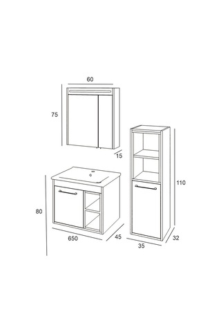 Denko Latte 65 Cm Mdf Beyaz Banyo Dolabı Takımı + Boy Dolabı Beyaz