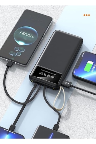 10000m Slim Powerbank Dijital Göstergeli Şarj Kablolu Güç Bankası Taşınabilir Şarj Fener Özellikli Siyah