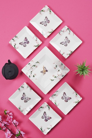 Piatti Naturali İkram Seti Kelebek Çift Katlı Sunum Tabağı & 6 Lı Tatlı Tabağı