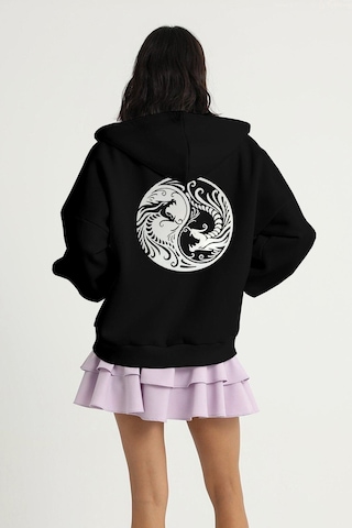 Ying Yang Hırka - Siyah Baskılı Oversize Kapüşonlu Siyah