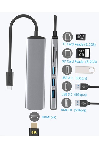 Maiyame Usb C Hub Çoklu Bağlantı Noktası Adaptörü - 4k Hdmı Çıkışlı 6'sı 1 Arada