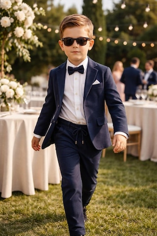 Baby Kids Colors Erkek Çocuk Flamlı Keten Salaş Ceketli Takım Elbise / Gömlek Pantolon Ceket Papyon Keten Takım Lacivert