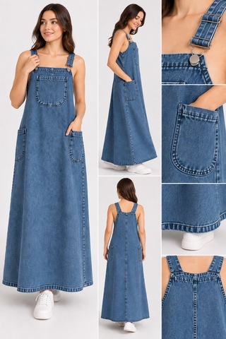 Bul-al Kadın Uzun Denim Jile Elbise Askılı Cepli Jean Elbise Mavi