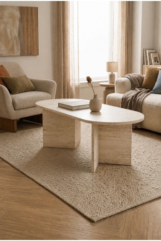 Modern Oval Orta Sehpa Minimal Ahşap Salon Sehpası Şık Tasarım Traverten