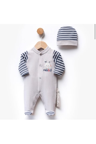 Bellamio Kids Rabbit Yazılı Patikli Erkek Bebek Tulum Seti Gri