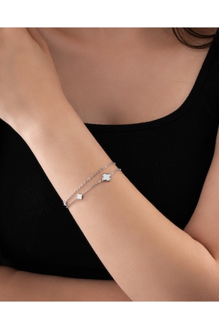 925 Ayar Rodyum Beyaz Mineli İki Sıralı Yonca Charm Gümüş Bileklik Gümüş - Rodyum
