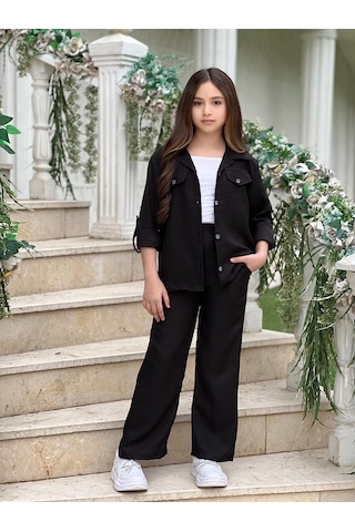 Modavals Kol Katlamalı Keten Gömlek Cepli Keten Alt & Suprem Askılı Badi 3lü Kız Çocuk Takım Siyah