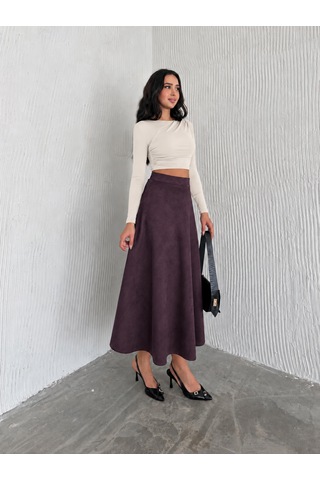 Ozy Fashion Kadın Süet Kloş Etek Mürdüm