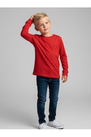Zekids Erkek Çocuk Pamuklu Uzun Kol Basic T-shirt-16713 KIrmızı