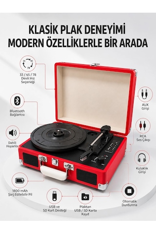 Bluetooth Bağlantılı Portatif Pikap 33 45 78 Devir Dahili Hoparlör Ve Şarj Edilebilir Pil Belirtilmemiş