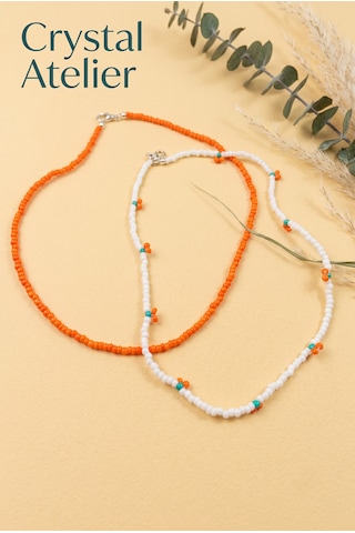 Crystal Atelier 2'li Turuncu Kiraz Boncuk Kolye Seti El Yapımı Kum Boncuk Beyaz Turuncu İkili Choker Kombini Meyve Temalı Hediyelik Kolye Turuncu - Beyaz
