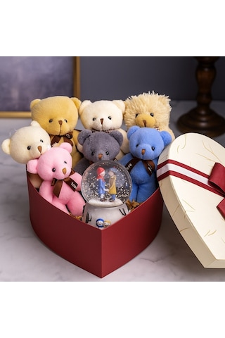 Sevgiliye En Tatlı Hediye Seti Peluş Ayıcık Kalpli Kutuda 7 Mini Peluş Ayıcık Işıklı Kar Küresi Seti