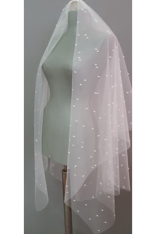 Suzanna Moda Özel Tasarım Oval Sivri Uç İncili Taraklı Kırık Beyaz Gelin Duvağı 1.25 M & 85 Cm Çift Kat