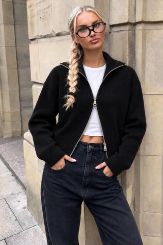 Cool Tarz Kadın Stardart Beden Çift Fermuarlı Dik Yaka Crop Triko Hırka Siyah Siyah