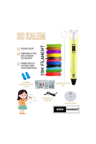 Sarı 3D Kalem 3D Pen Yazıcı Kalem – 10 Adet 5 Metrelik PLA Filament (Toplam 50M) + USB Kablo