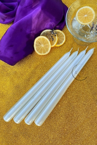 İnci Beyaz Sedefli - Metalik Renk Konik Şamdan Mum - 4'lü Set Beyaz