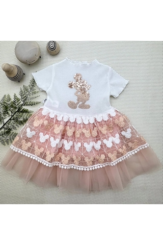 Veraura Lifestyle 1-2-3 Yaş Payetli Mickey Baskılı Brode Etekli Kız Bebek Elbisesi Pudra
