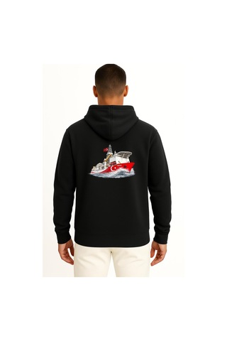Bahriyeli Collection Kapüşonlu Yavuz Sondaj Gemisi Dalgalar Arası Göğüs Ve Sırt Baskılı Unisex Sweatshirt Siyah