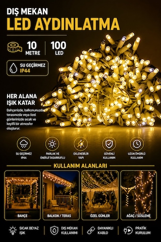 10 Metre 100 Led Dış Mekan Aydınlatma Su Geçirmez Sıcak Beyaz Dekoratif Led Işık