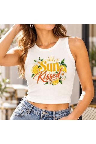 Bk Gift Sıfır Kol Fitilli Crop Bluz - Esnek Likralı Günlük Crop-2 Beyaz