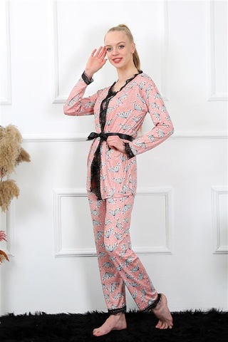 İbrahim Burak Etiler Collection Moda Çizgi Kadın 3'lü Somon Sabahlık Pijama Takım 16103