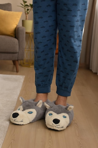 Kurt Figürlü Peluş Panduf Ev Pandufu Unisex Panduf Gri