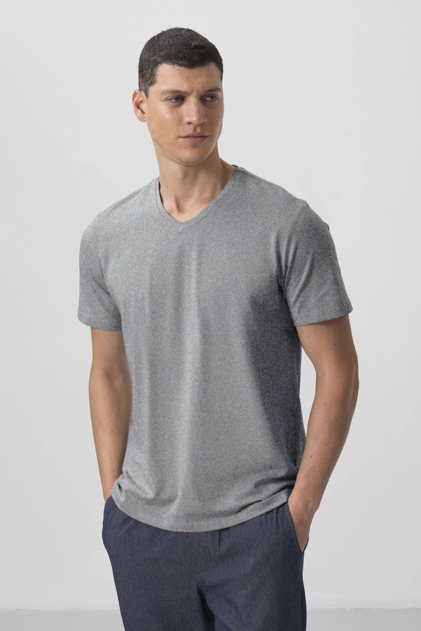 Gri Melanj Basic Kısa Kol Standart Kalıp V Yaka Erkek T-shirt - 87912 Gri Melanj