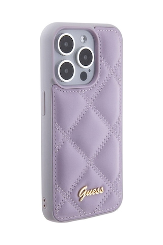 Apple Uyumlu iPhone 15 Pro Kılıf Guess Lisanslı Pu Deri Metal Yazı Logolu Kapitone Kapak