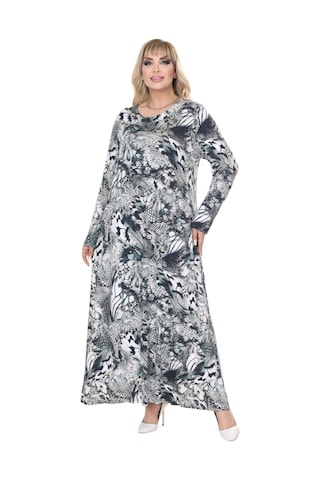 Melsay Butik Gri Yeşil Timsah Desen Uzun Kollu Kadın Tesettür Elbise Gri