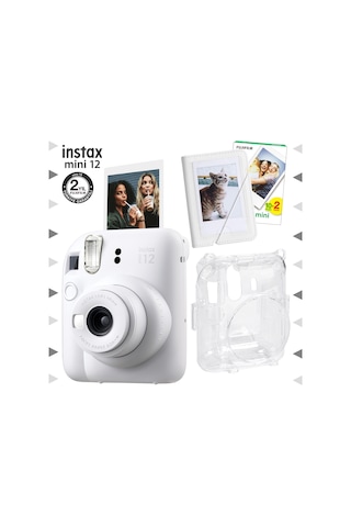 Fujifilm Instax Mini 12 Fotoğraf Makinesi + 20'li Film Mini Albüm + Şeffaf Kılıf Seti Beyaz