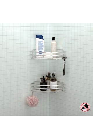 Teknotel Yapışkanlı Kancalı 2 Adet Banyo Köşe Rafı Silver St207H Gümüş