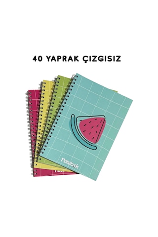 A5 Spiralli Meyve Konsept Defter 40 Yaprak 4'lü Tamamı Çizgisiz