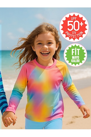 Denokids Uv Korumalı Batik Kız Çocuk Mayo T-shirt Renkli