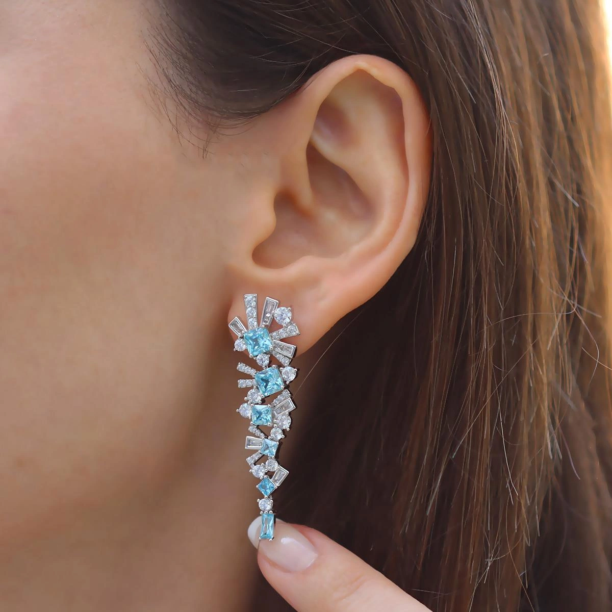 Aquamarine Taşlı Gümüş Küpe Gümüş