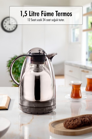 1.5 Lt Isı Yalıtımlı Çay Ve Soğuk Su Termosu Füme 12 Saat Sıcak Tutar& İçi Camdır Diğer