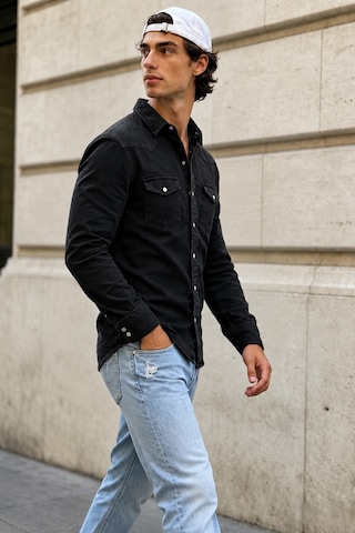 Erkek Slim Fit Siyah Kot Gömlek Çıtçıt Düğmeli Uzun Kollu Denim Gömlek