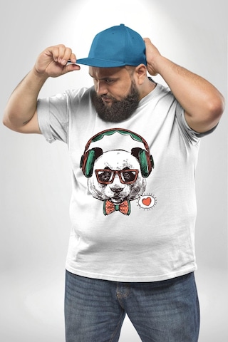 Angemiel Kulaklıklı Hipster Portre Panda Beyaz Büyük Beden Kadın Erkek Ünisex Basic Ön Baskılı Tişört Beyaz
