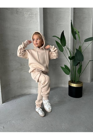 Üç İplik Kapüşonlu Şardonlu Takım Kahverengi - Beyaz