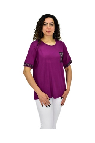 Caftan Kadın Kısa Kol Taşlı Bluz Bgl-st04709 Mor