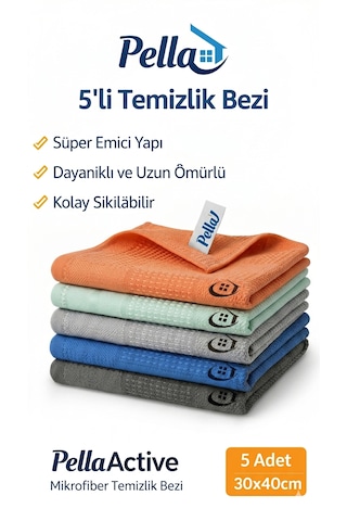 Pella Active Mikrofiber Temizlik Bezi 5'li Paket 30x40 Cm Turuncu - Turkuaz - 2 X Gri - Lacivert