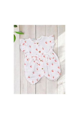 Nanon Baby Altıntaş Baby Kiraz Ponpon Desenli Müslin Fiyonklu Tulum Ekru Ekru