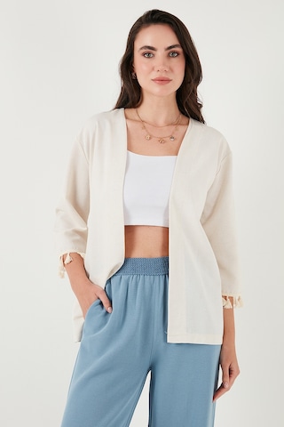 Lela Pamuk Ve Keten Karışımlı Püskül Detaylı Regular Fit Uzun Kimono Bayan Hırka 5869015 Bej