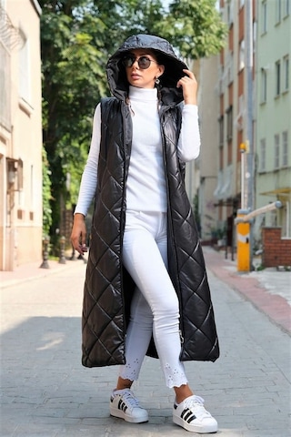 Veraura Lifestyle Siyah Kapüşonlu Cepli Baklava Desen Uzun Şişme Yelek