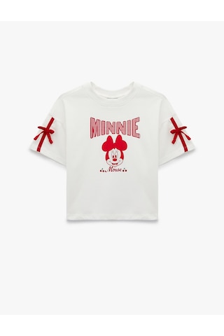 Koton Minnie Mouse Fiyonklu Bisiklet Yaka Kısa Kollu Pamuklu Lisanslı Tişört Ekru 6skg10659ak